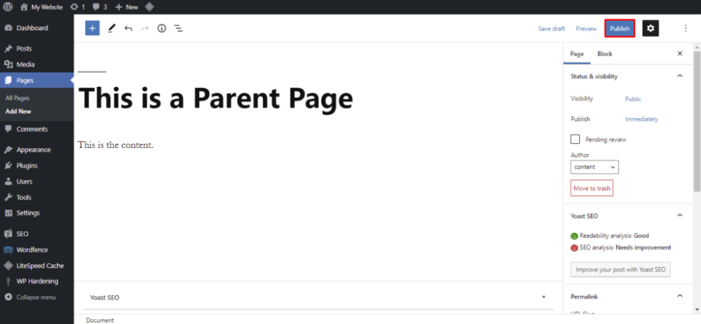 A parent pages draft on the WordPress editor